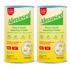 Almased Vanilla meal replacement tub 2-pack showing a protein-rich breakfast option.