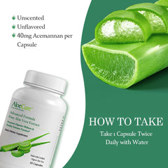 Product information graphic showing AloeCure Aloe Vera capsules