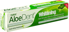 Close-up of AloeDent toothpaste tube labeling