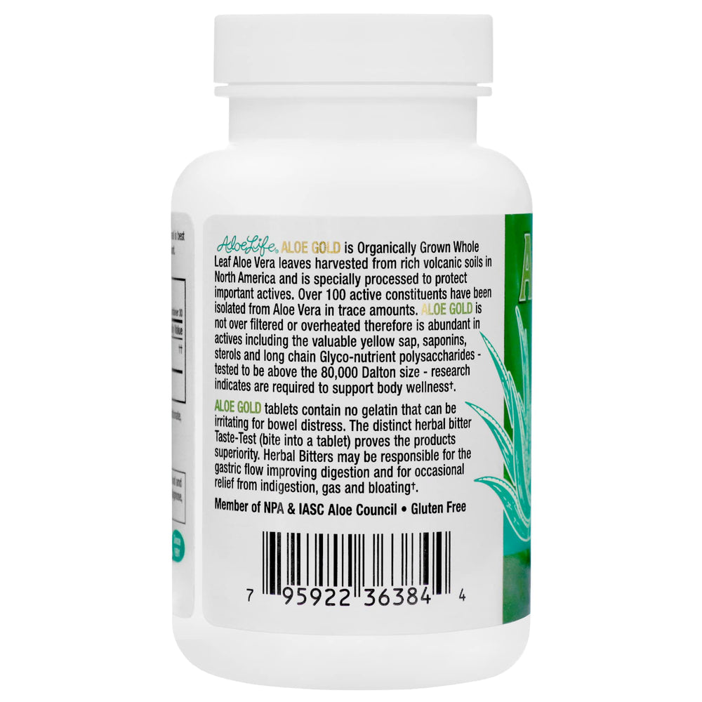 Close-up of Aloe Gold Tablets bottle label