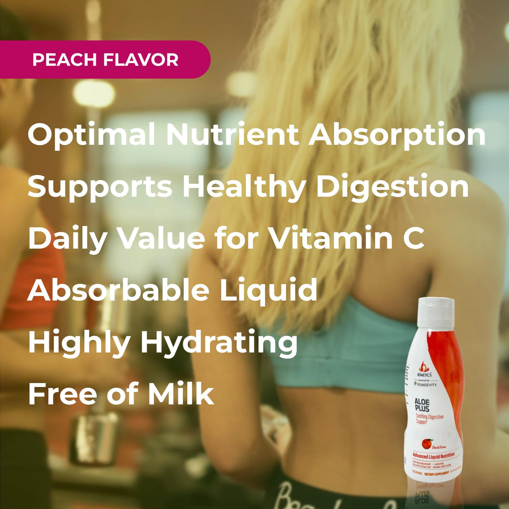 Aloe Plus bottle with a glass of liquid