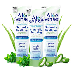 AloeSense toothpaste tube with Aloe Vera and Allantoin on white background