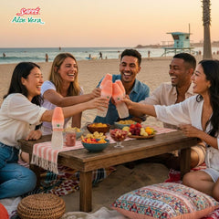 Hydration visuals with plant-based aloe drink in peach flavor