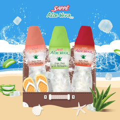 Real aloe vera chunks in peach-flavored juice