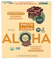 ALOHA chocolate espresso bar ingredients panel emphasizes 85mg caffeine for a gentle energy lift.