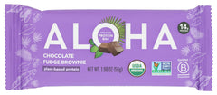 ALOHA Chocolate Fudge Brownie Protein Bar pack front view for on-the-go plant-based snacking.