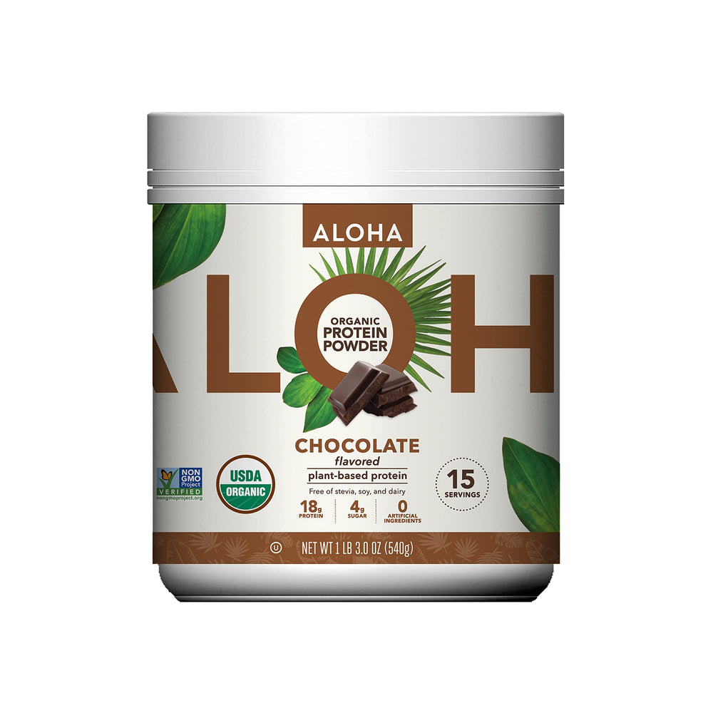 Front view of ALOHA Organic Plant-Based Chocolate Protein Powder 1lb-3oz tin