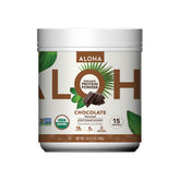 Front view of ALOHA Organic Plant-Based Chocolate Protein Powder 1lb-3oz tin