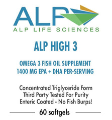 Product label for ALP High-3 TAG Omega-3 Fish Oil 1400 mg EPA+DHA