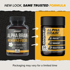 Label showing Alpha Brain 90 capsules per bottle