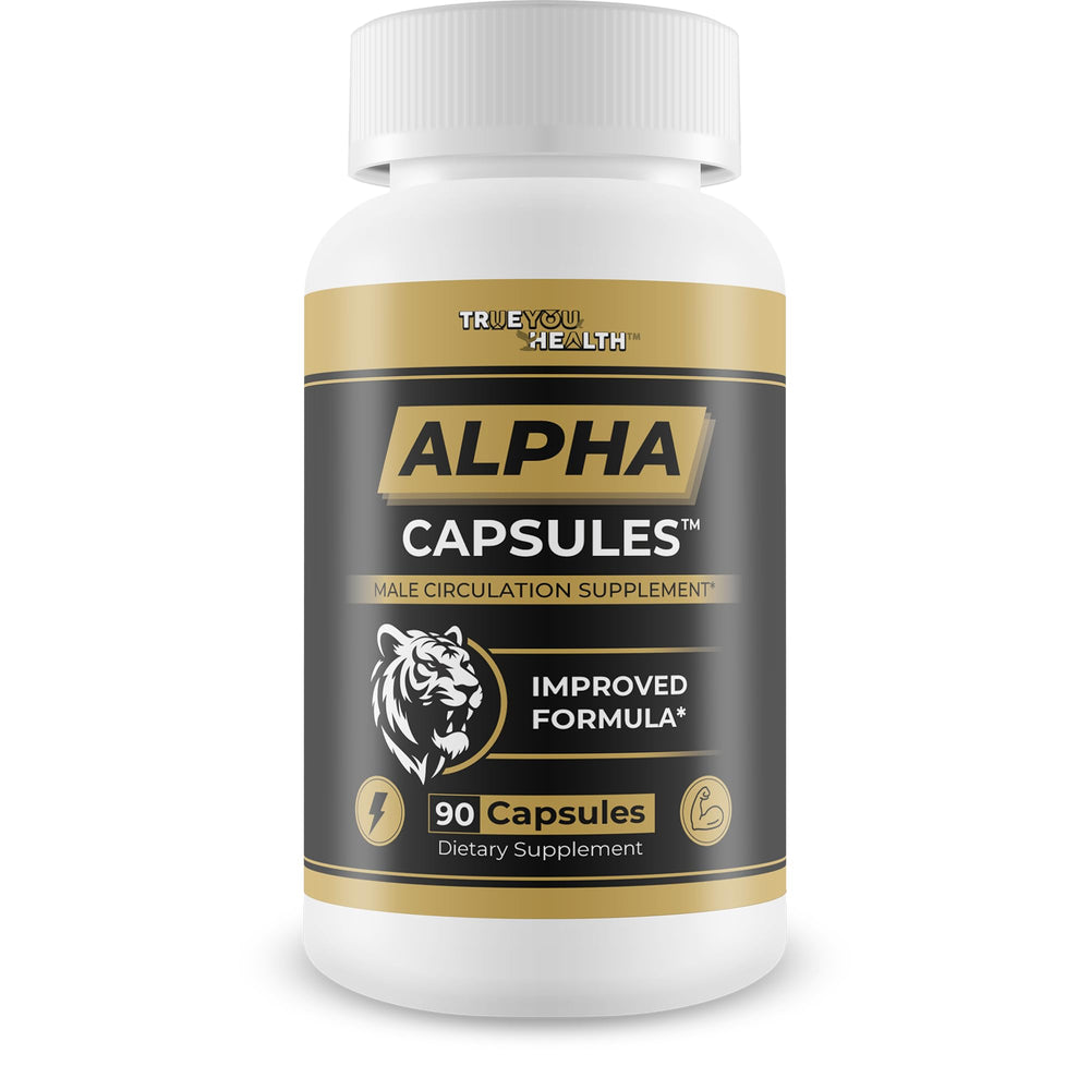 Alpha Capsules bottle with label highlighting men's blood flow support