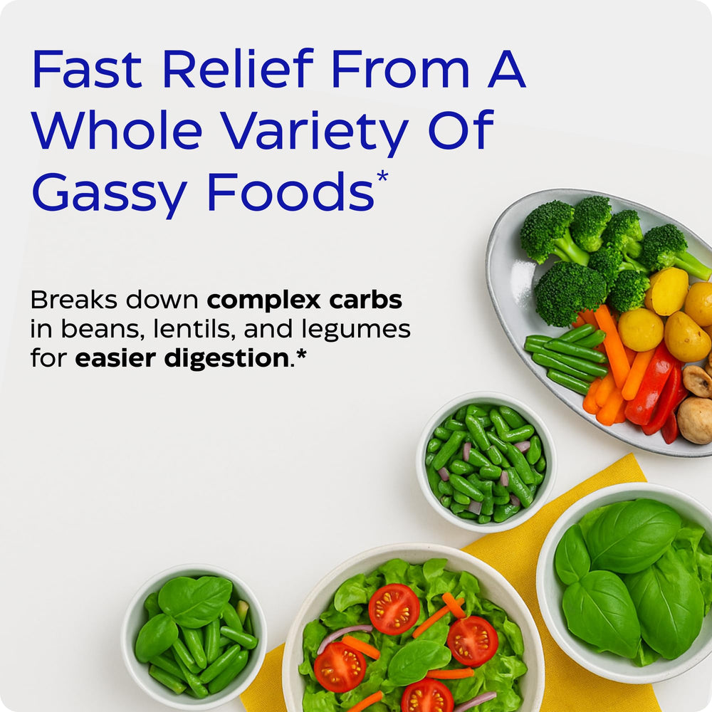 Illustration of alpha-galactosidase breaking down complex carbs