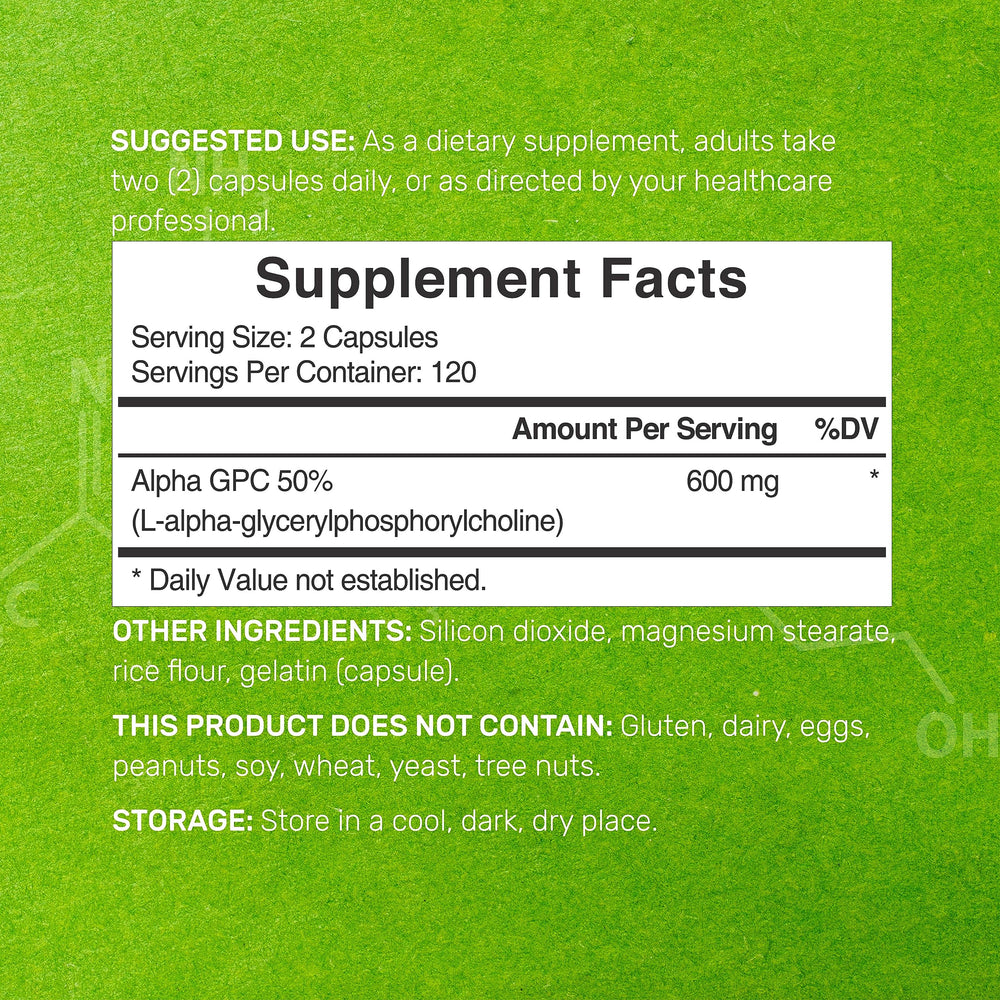 Close-up of Alpha GPC 600mg bottle showing 240 capsules