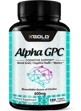 Alpha GPC Choline 600mg bottle with 180 vegan capsules