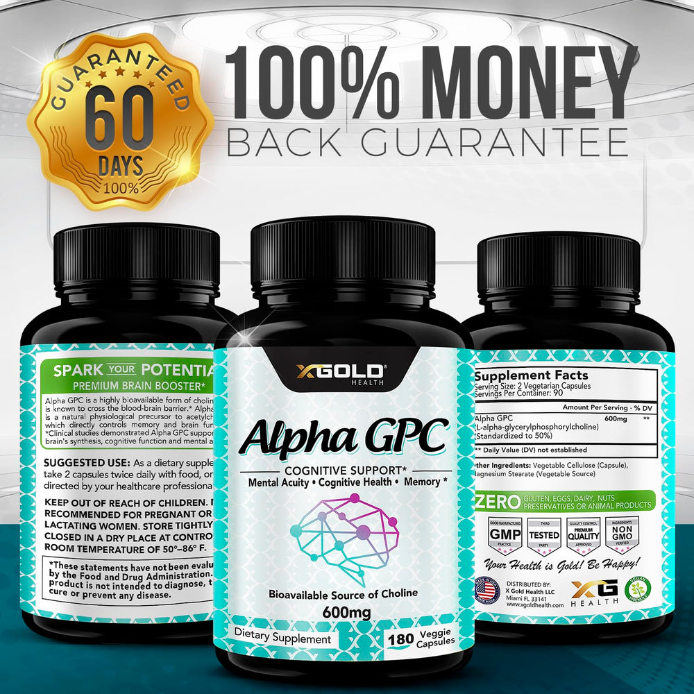 Made in USA label on Alpha GPC Choline supplement bottle