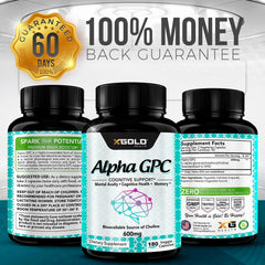 Made in USA label on Alpha GPC Choline supplement bottle
