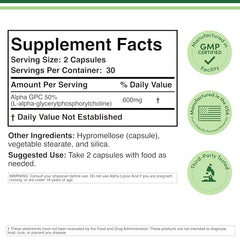 Alpha GPC Choline capsules close-up showing 600mg per serving