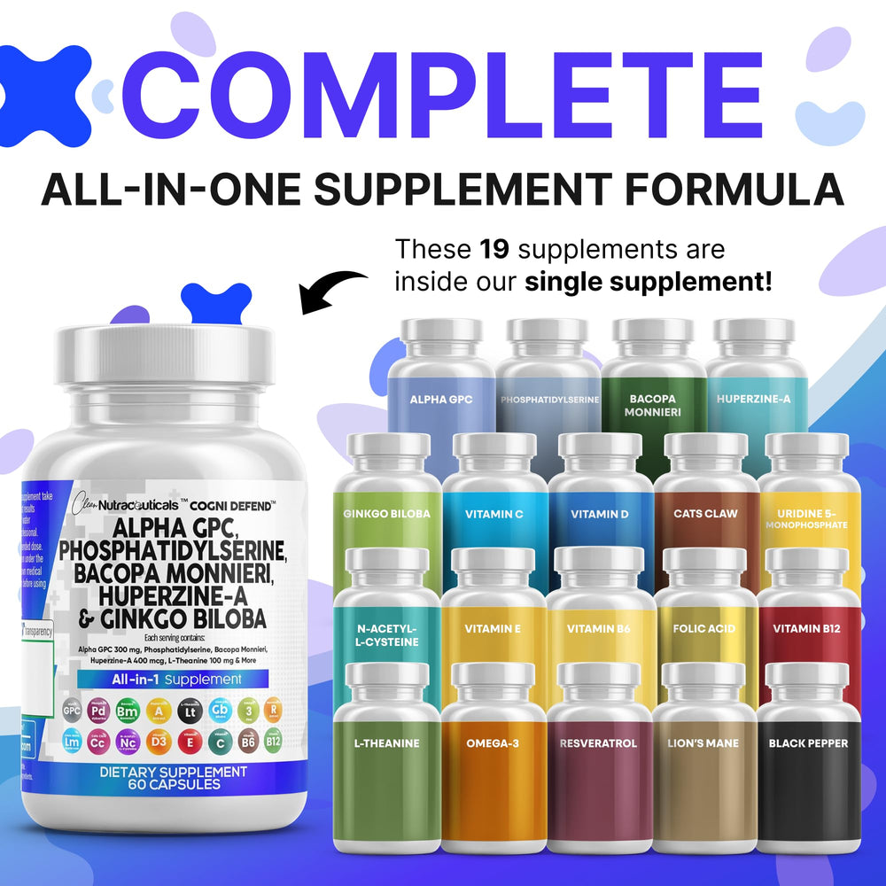 Alpha GPC with phosphatidylserine, Bacopa, Ginkgo and Huperzine A capsules close-up.