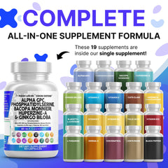 Alpha GPC with phosphatidylserine, Bacopa, Ginkgo and Huperzine A capsules close-up.