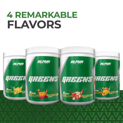 Assorted Alpha Greens flavors: Apple Cinnamon, Orange Cherry, Pineapple, Peach Mango