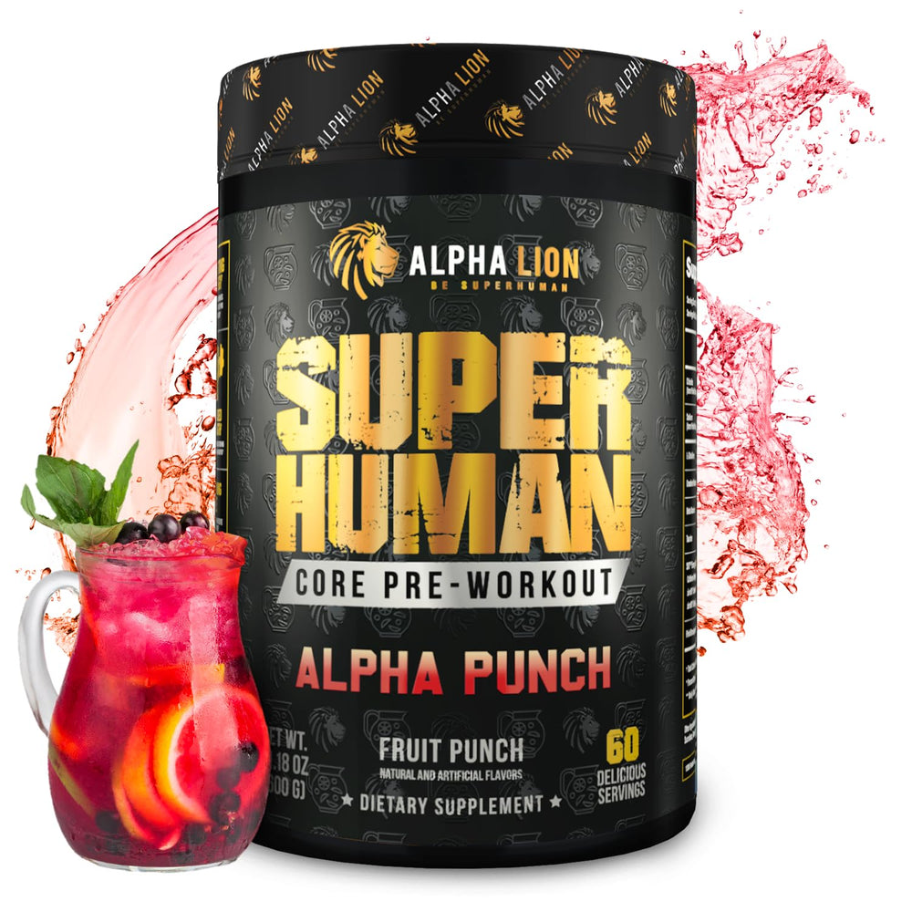 ALPHA LION Core Pre-Workout powder canister in Alpha Punch flavor