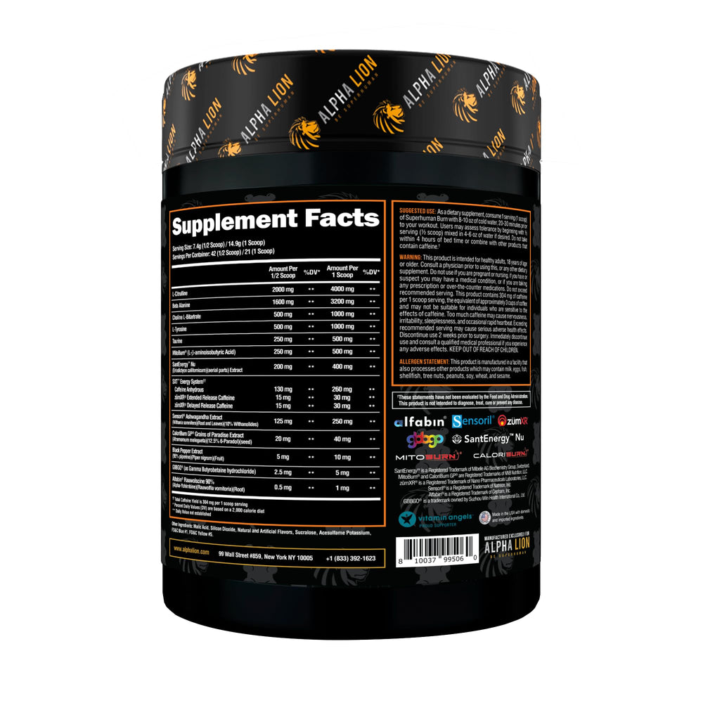 Ingredients and caffeine matrix details for ALPHA LION Superhuman Burn