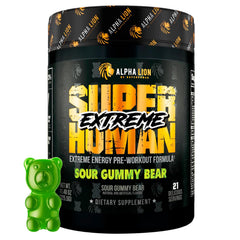 Front view of ALPHA LION Superhuman Extreme Sour Gummy Bear pre-workout powder