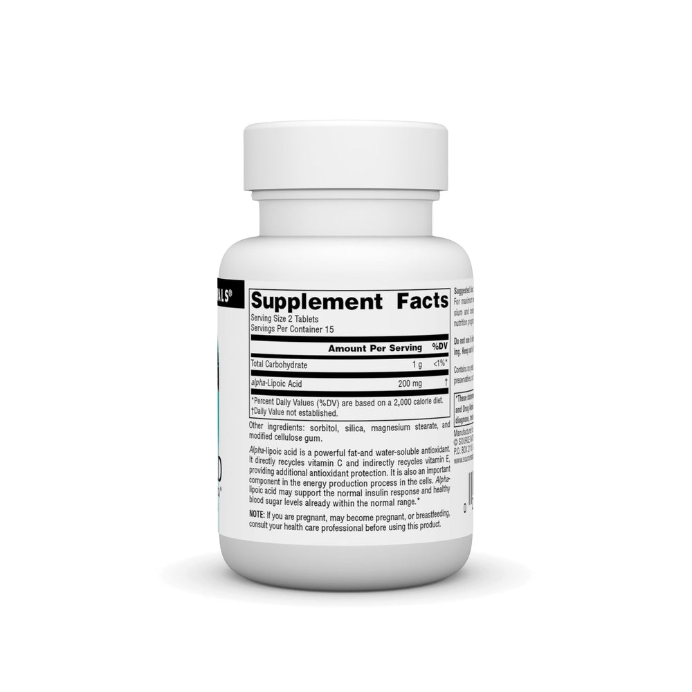 Close-up of Alpha Lipoic Acid 100mg Source Naturals label