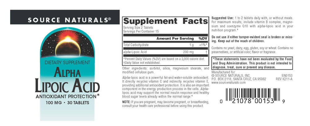 Packaging image for Alpha Lipoic Acid 100mg Source Naturals