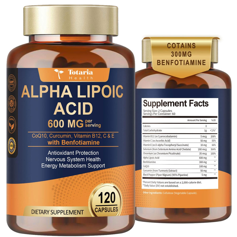 Product bottle front showing Alpha Lipoic Acid 600mg with Benfotiamine 300mg