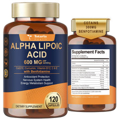 Product bottle front showing Alpha Lipoic Acid 600mg with Benfotiamine 300mg