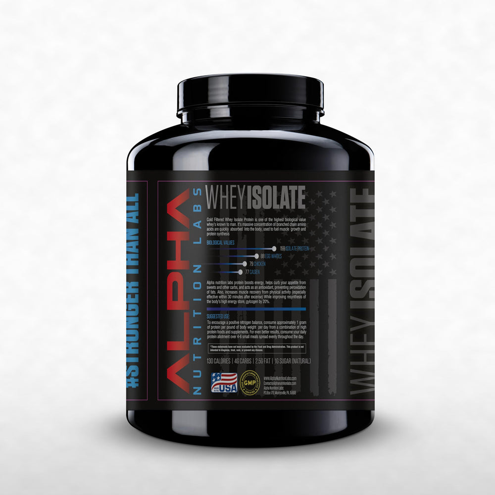 Close-up of Alpha Nutrition Labs Chocolate Whey Isolate powder being poured