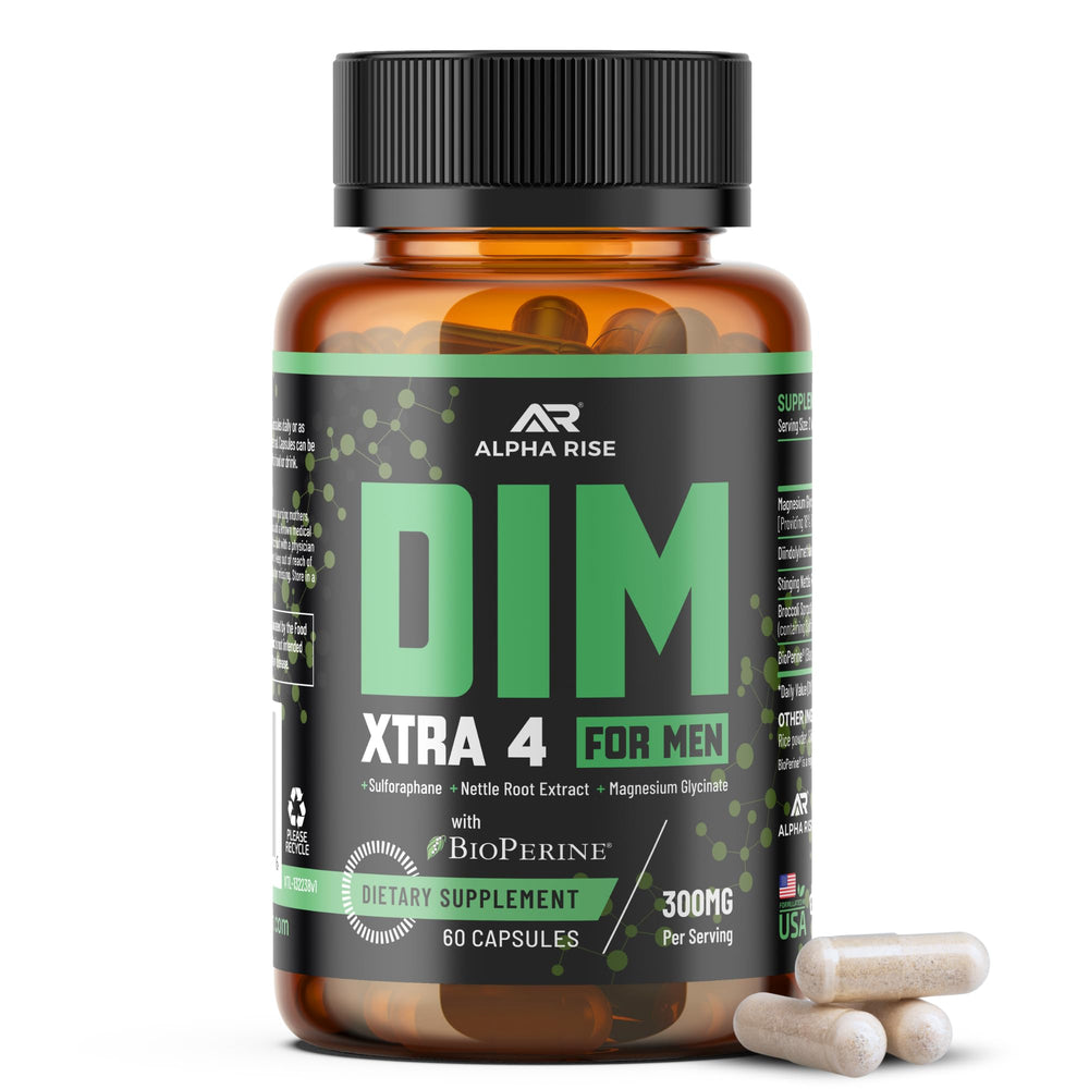 ALPHA RISE premium DIM supplement capsules provide potential energy support and hormonal balance.