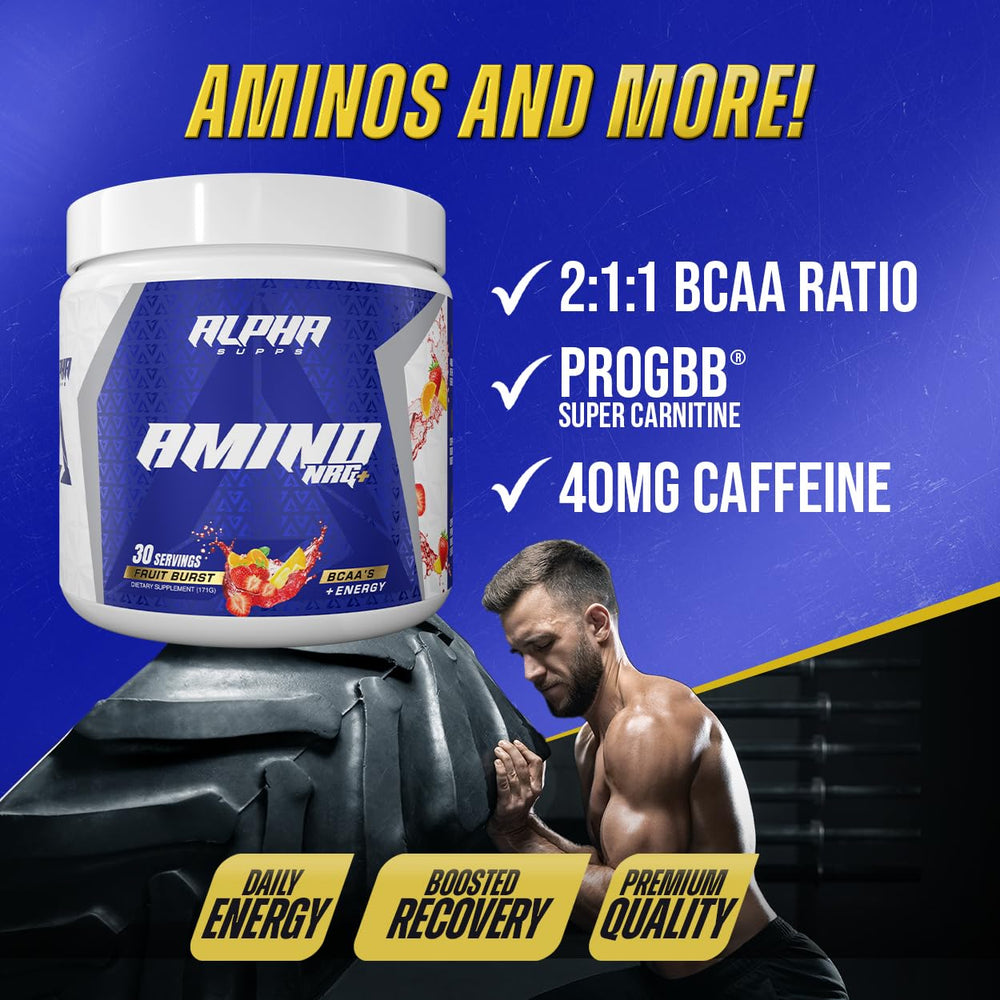 Amino NRG+ BCAA container with scoop and label