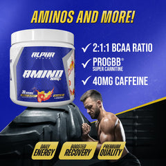 Amino NRG+ BCAA container with scoop and label