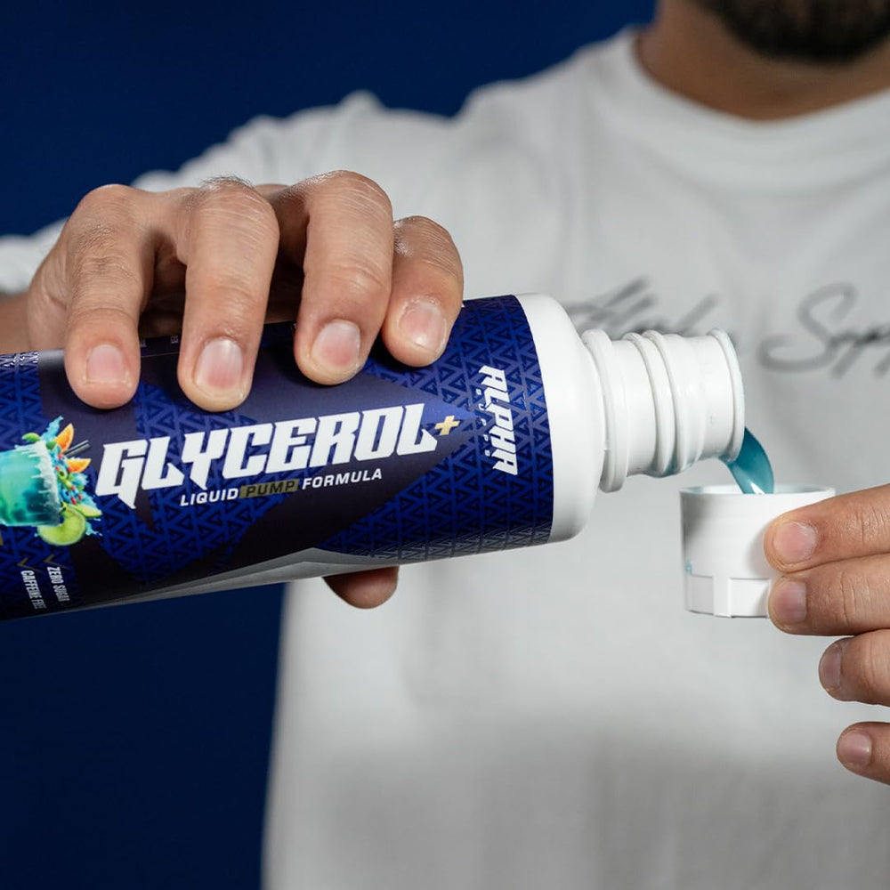 Alpha Supps Glycerol+ glass with water illustrates hydration support for workouts.