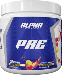 Close-up on label emphasizing clean energy formula from Alpha Supps Pre Workout.
