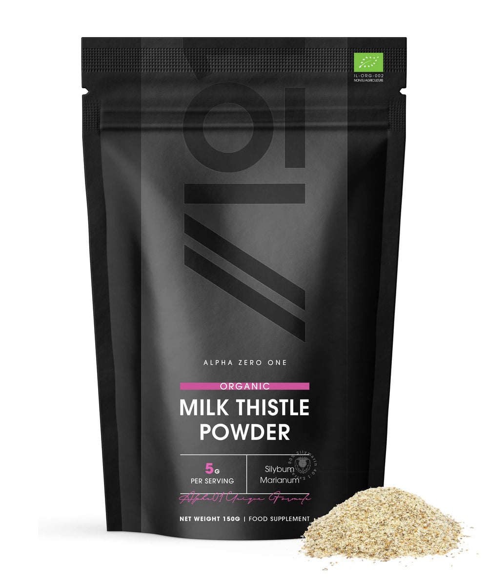 ALPHA01 Organic Milk Thistle Powder 150g bottle - front view