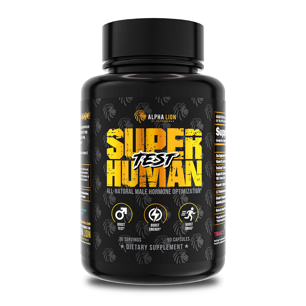 ALPHA LION Superhuman Test bottle front shows energy-boosting formula for daily performance.