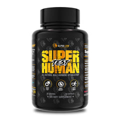 ALPHA LION Superhuman Test bottle front shows energy-boosting formula for daily performance.