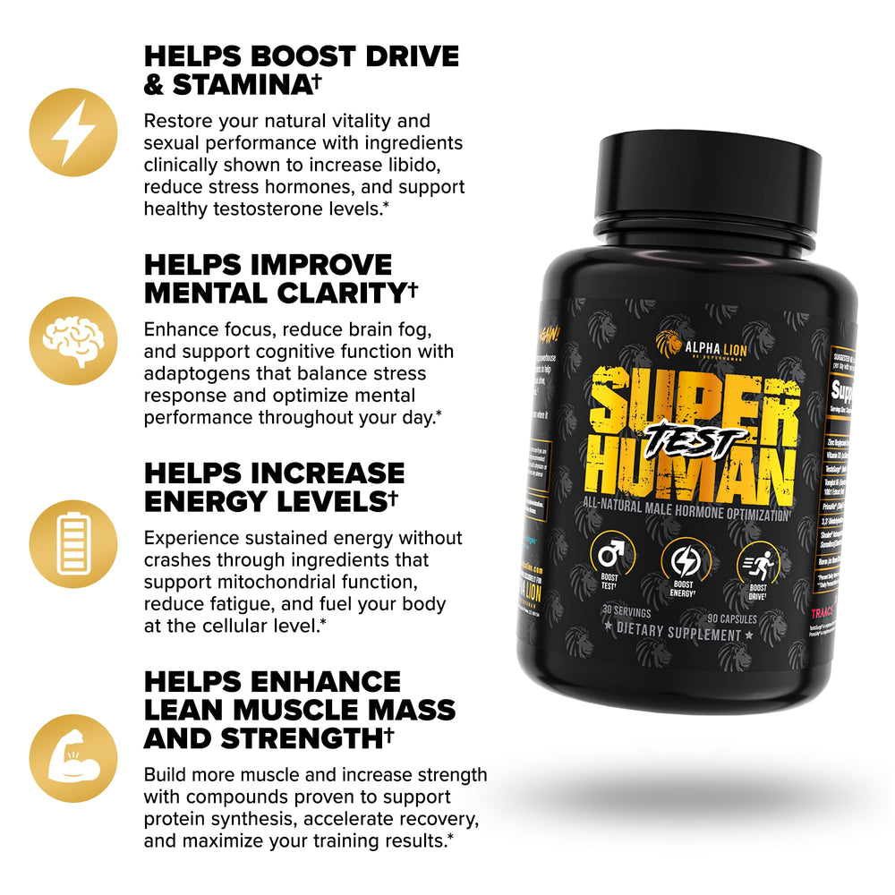 ALPHA LION Superhuman Test bottle side-label highlights transparent formula and trusted ingredients.