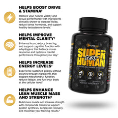 ALPHA LION Superhuman Test bottle side-label highlights transparent formula and trusted ingredients.