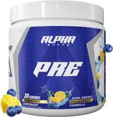 Alpha Supps Pre Workout tub blue lemonade close-up shows energizing formula for workouts