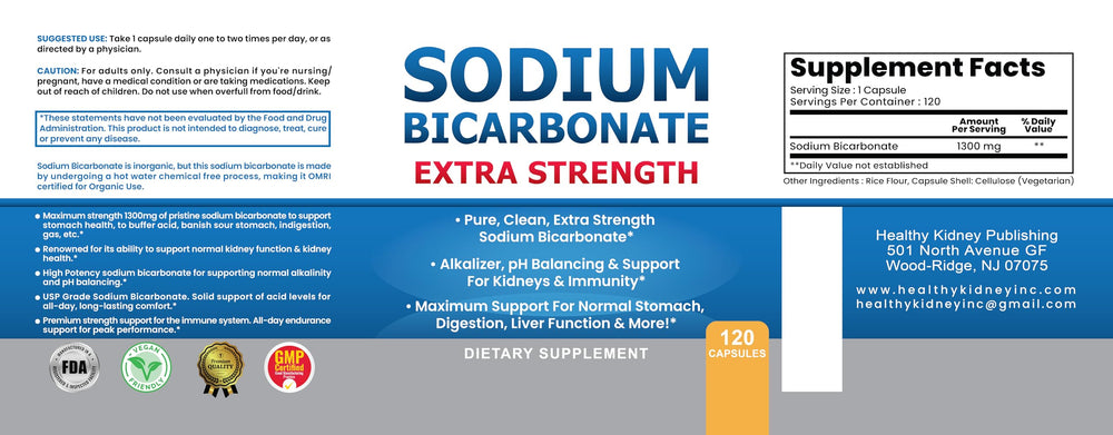 Aluminum-free sodium bicarbonate capsules 1300mg on white background