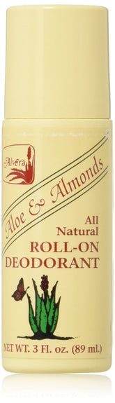 Alvera roll-on deodorant Aloe and Almonds bottle close-up showing aluminum-free design and plant-based formula