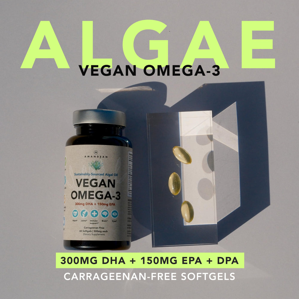 Product label showing carrageenan-free and vegan algae-based Omega-3