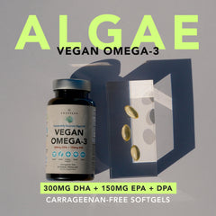 Product label showing carrageenan-free and vegan algae-based Omega-3