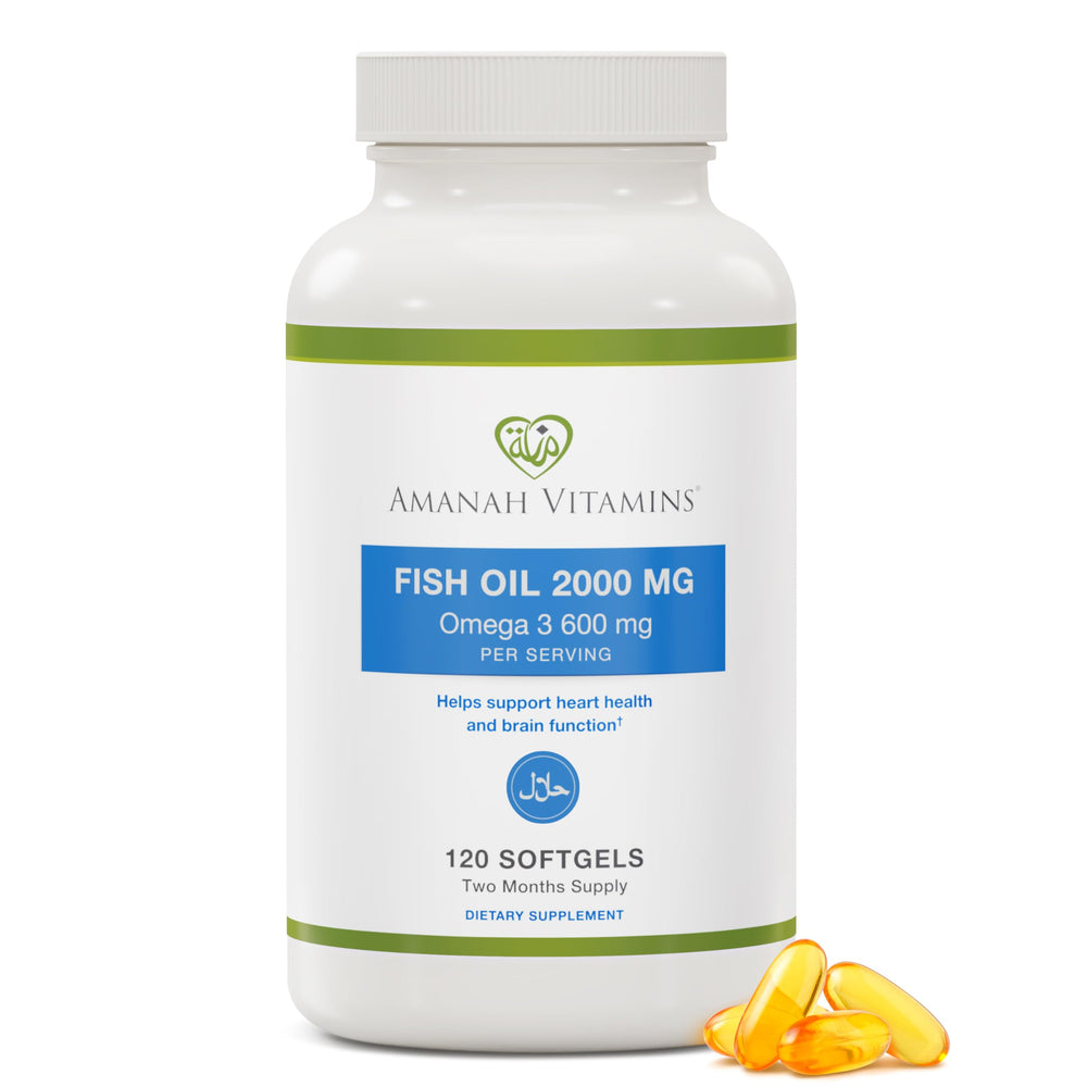 Amanah Vitamins Halal Omega-3 Fish Oil bottle with label