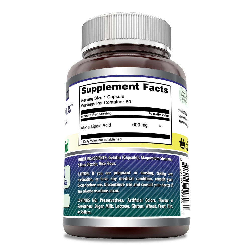 Close-up of Alpha Lipoic Acid 600 mg per serving on label