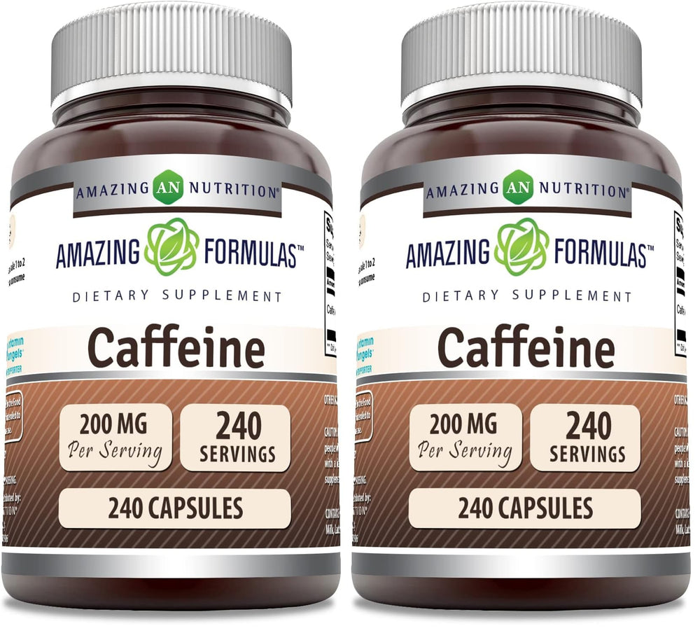Front view of Amazing Formulas caffeine capsules bottle with label